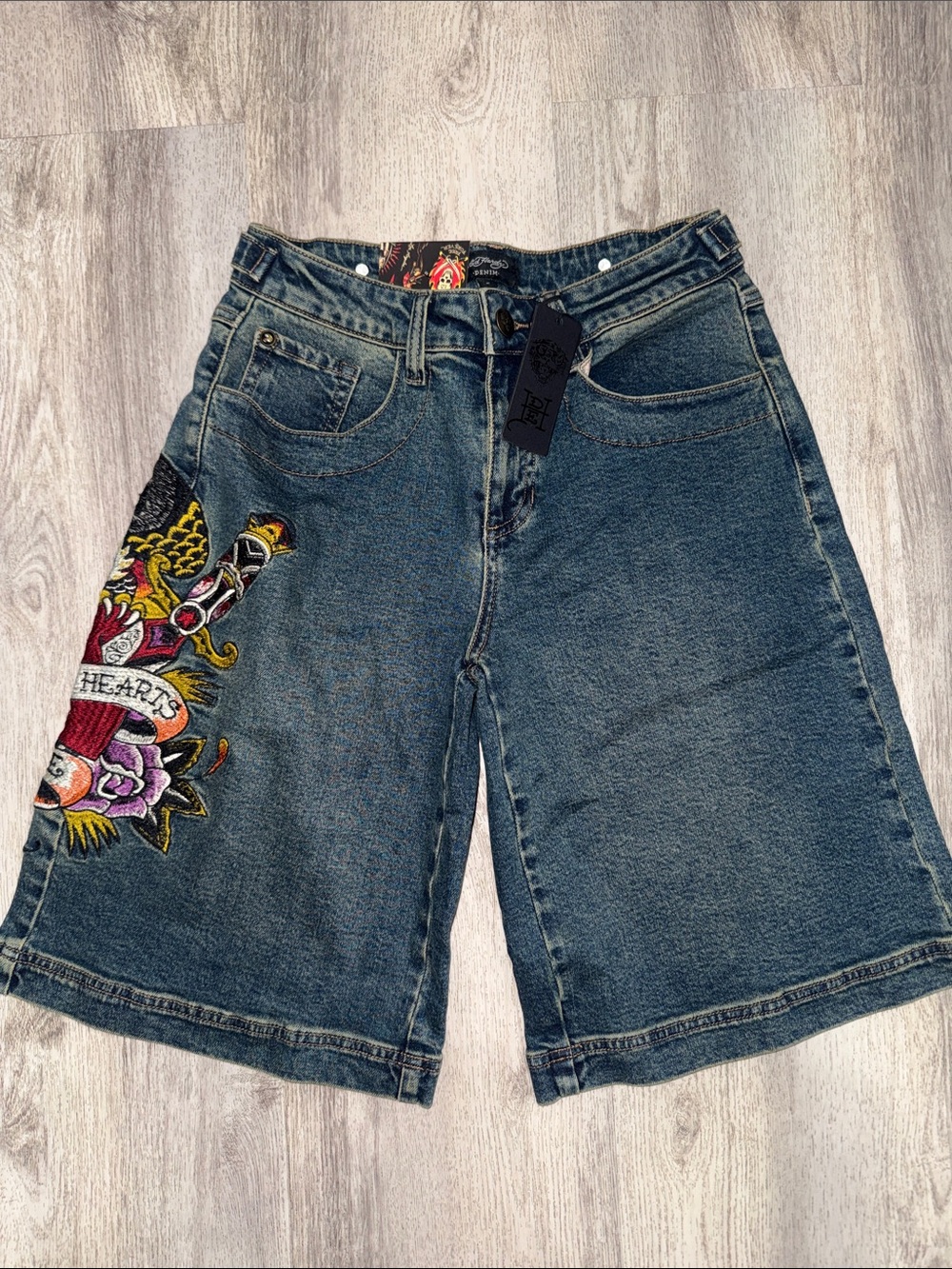 NWT ED HARDY Embroidered Denim Womenβs Shorts - Blue with Floral Heart Motif
